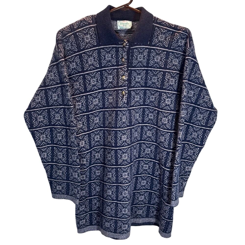 Benetton Made in Italy Laine Wool Nordic Knit Sweater Gold Sz 54 XL Vintage